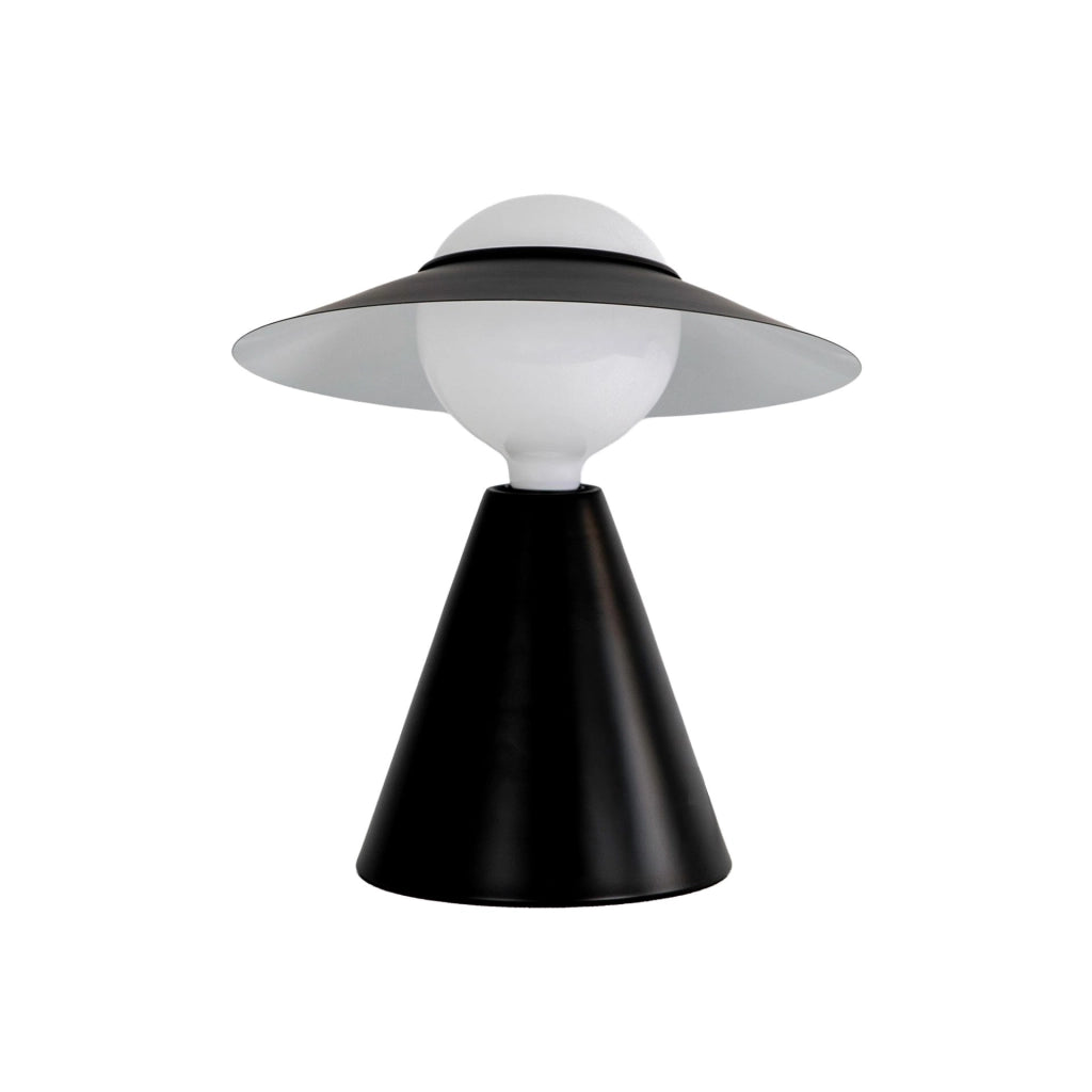 Lampada da tavolo in vetro bianco e acciaio nero
