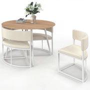 IDMarket - Set composto da tavolo e 4 sedie incastrabili MILENE in metallo bianco, con piano effetto faggio e rivestimento in velluto beige