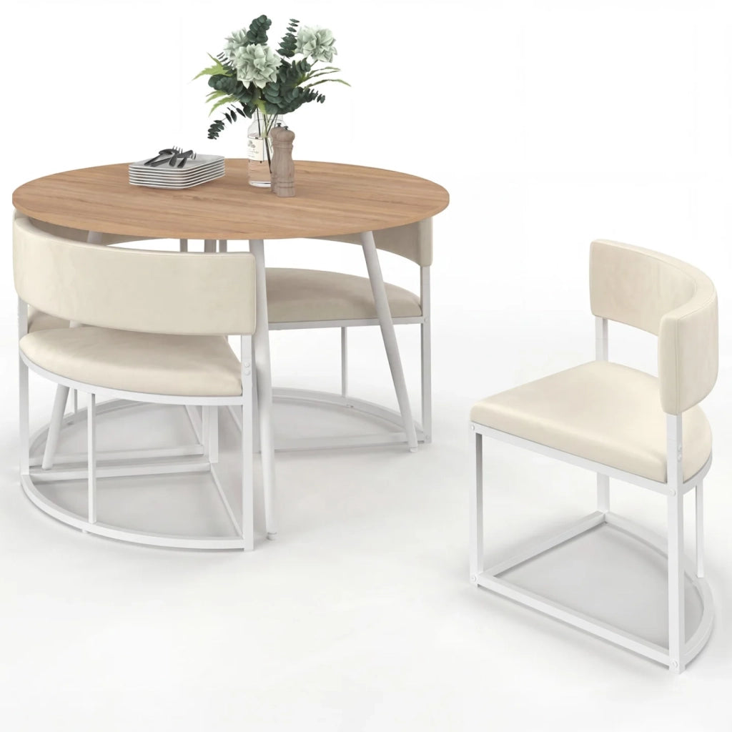 IDMarket - Set composto da tavolo e 4 sedie incastrabili MILENE in metallo bianco, con piano effetto faggio e rivestimento in velluto beige