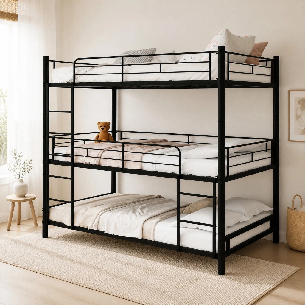 LETTO a Castello Triplo in Metallo Nero con Scale Integrate