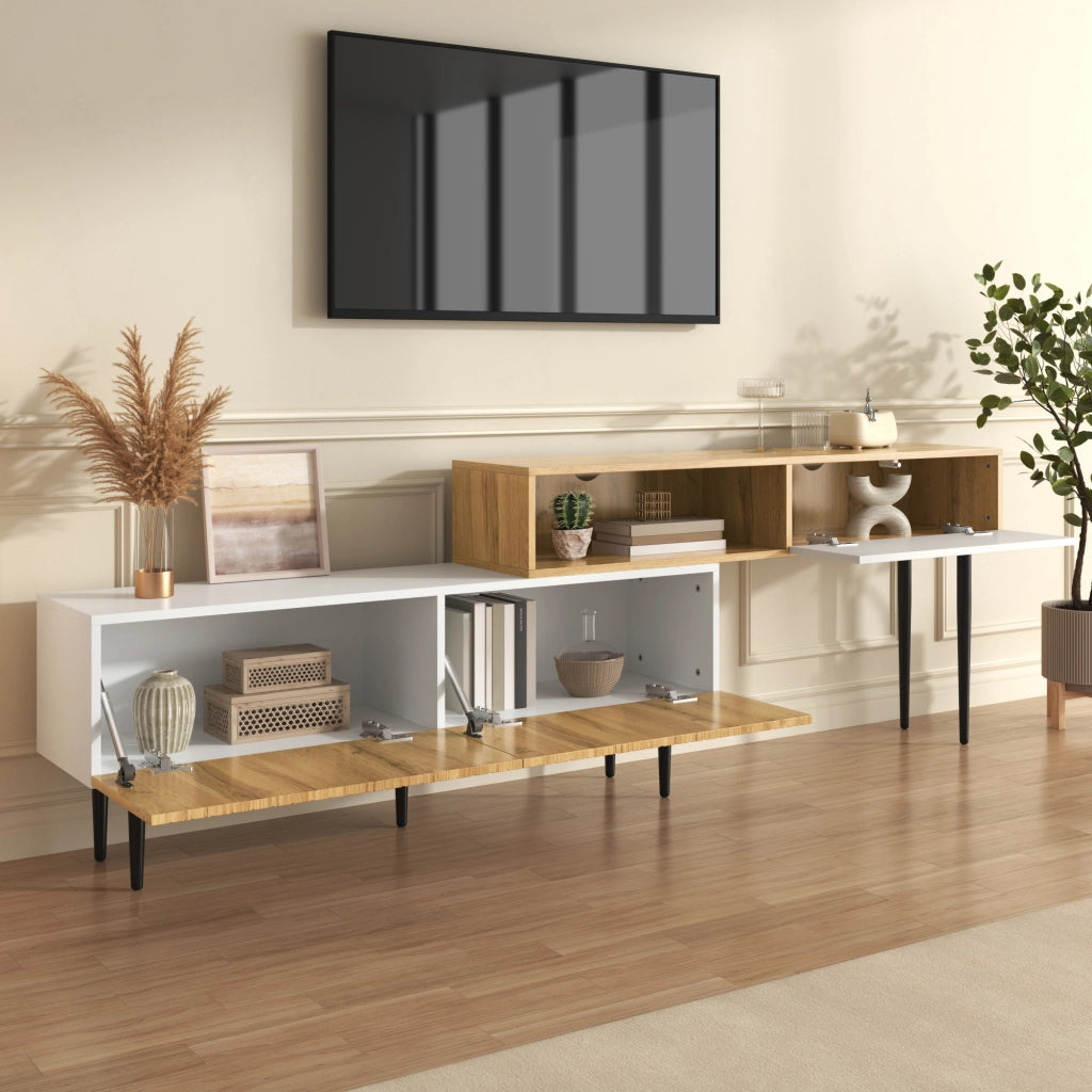 Mobile TV Modulare 2 Pezzi con 3 Ante a Ribalta e Passacavi; Stile Moderno; 240??30??63;5 cm; in MDF; Bianco e Legno