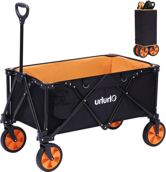 Carrello da picnic e da giardino pieghevole per attività all'aperto - Carrello da festival, da giardino, da campeggio e da picnic - Capacità di carico fino a 100kg - Incluso con ruote rimovibili e 2 contenitori per bevande - Nero/Arancione