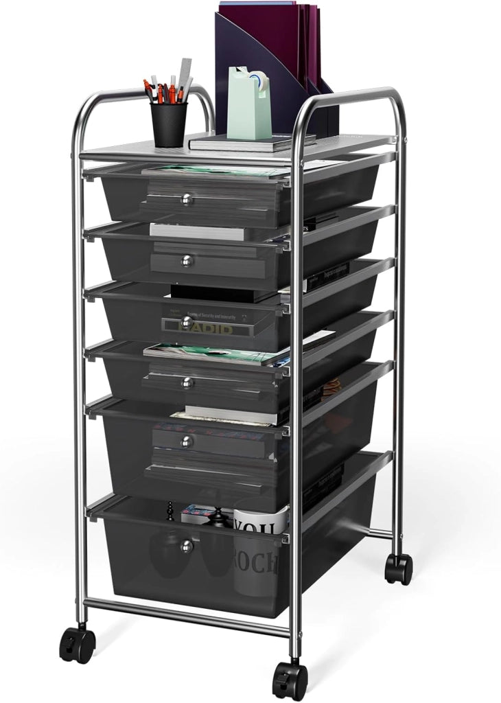 Carrello con 6 cassetti impilabili, carrello per cassetti, carrello da cucina con ruote bloccabili, carrello portaoggetti, carrello in metallo, per cucina, ufficio (colorato)