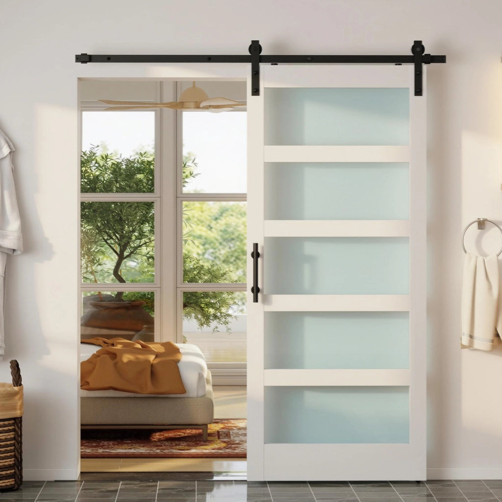 Porta Scorrevole 91.4x213.4cm con Kit. Pannelli in Vetro. Effetto Legno Bianco