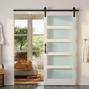 Porta Scorrevole 91.4x213.4cm con Kit. Pannelli in Vetro. Effetto Legno Bianco