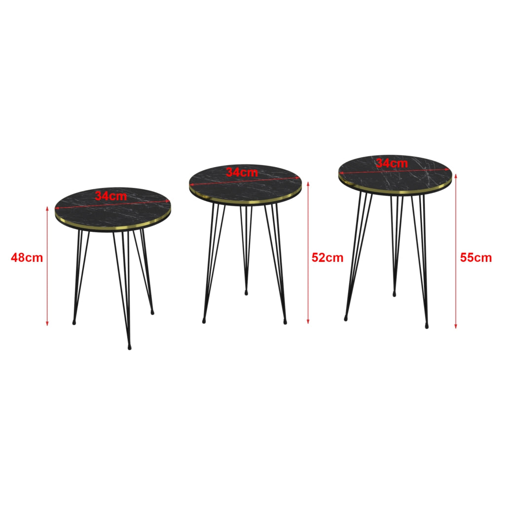 Set 'Ryslinge' di 3 Tavolini da Salotto Tavolini Bassi a Treppiede in Altezze Diverse Gambe a Forcina e Piani Rotondi Ø 36 cm - Marmo Nero / Oro [en.casa]