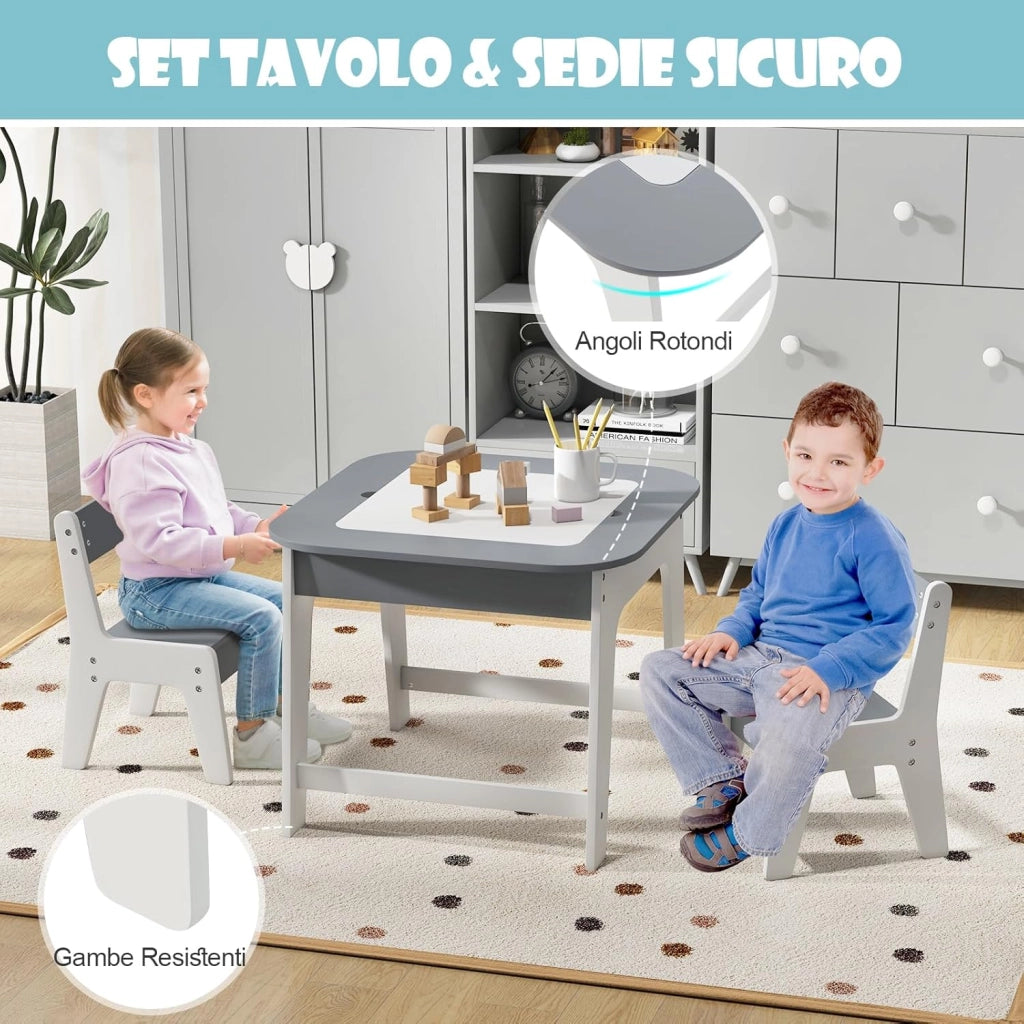 Set Tavolo e 2 Sedie per Bambini, con Lavagna Reversibile, Tavolo Multiattività con Vano Portaoggetti Nascosto e Sedie, per Bambini da 3-6 Anni, per Cameretta e Soggiorno (Grigio)