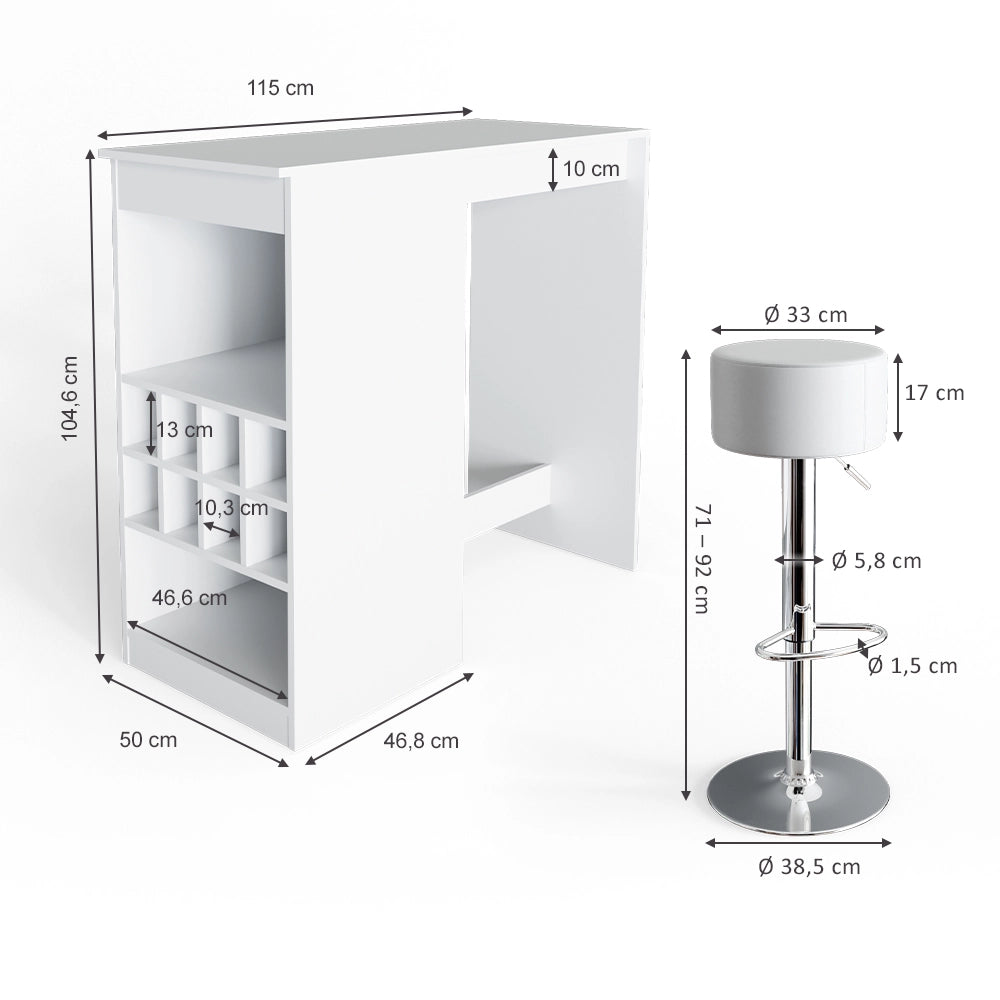 Vicco Tavolo bar con sgabelli Bianco 115 x 50 cm con 2 sgabelli da bar