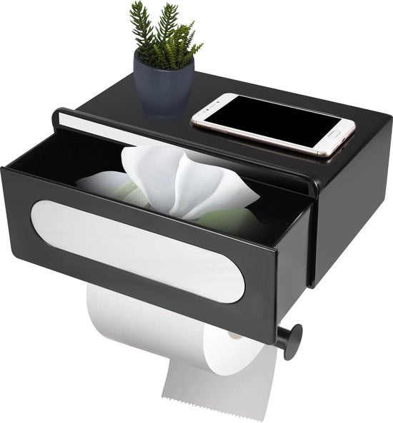 Sostituto di carta igienica con contenitore per salviette umidificate, Sostituto di carta igienica con cassetto, Sostituto di carta igienica senza perforazione nero, Sostituto di carta igienica con ripiano per cucina e bagno.