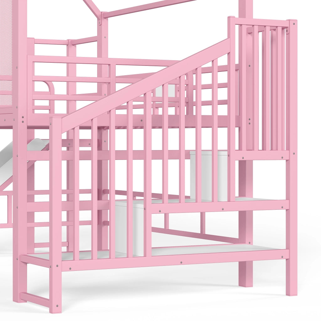 Letto a soppalco per bambini a casetta rosa 140x200 cm con scivolo; LED e scaletta