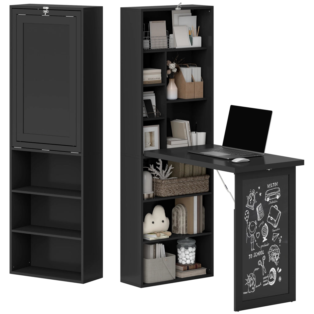 Scrivania Moderna Pieghevole con Libreria e Lavagna, in Legno e Metallo, 98x51x153 cm, Nero