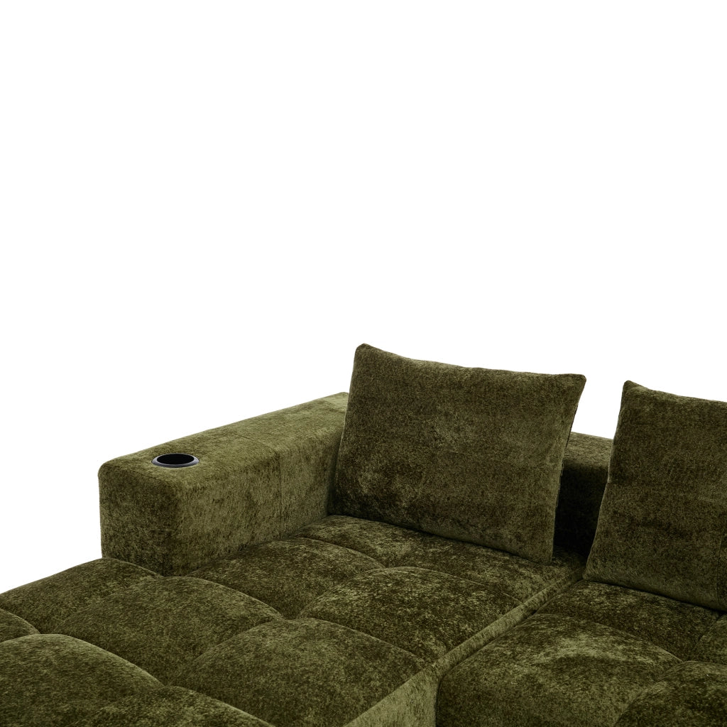 Divano angolare 4-5 posti con portabicchieri, Stile Moderno, in Chenille Verde