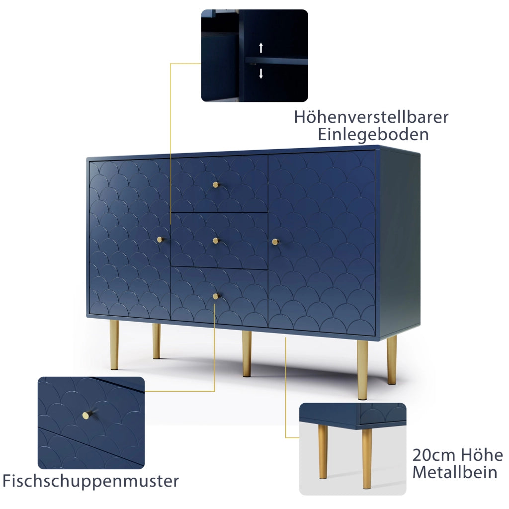 OKWISH Credenza con 2 Ante e 3 Cassetti, Ripiano Regolabile, per Soggiorno o Camera, Legno e Metallo, 120 x 40 x 83 cm