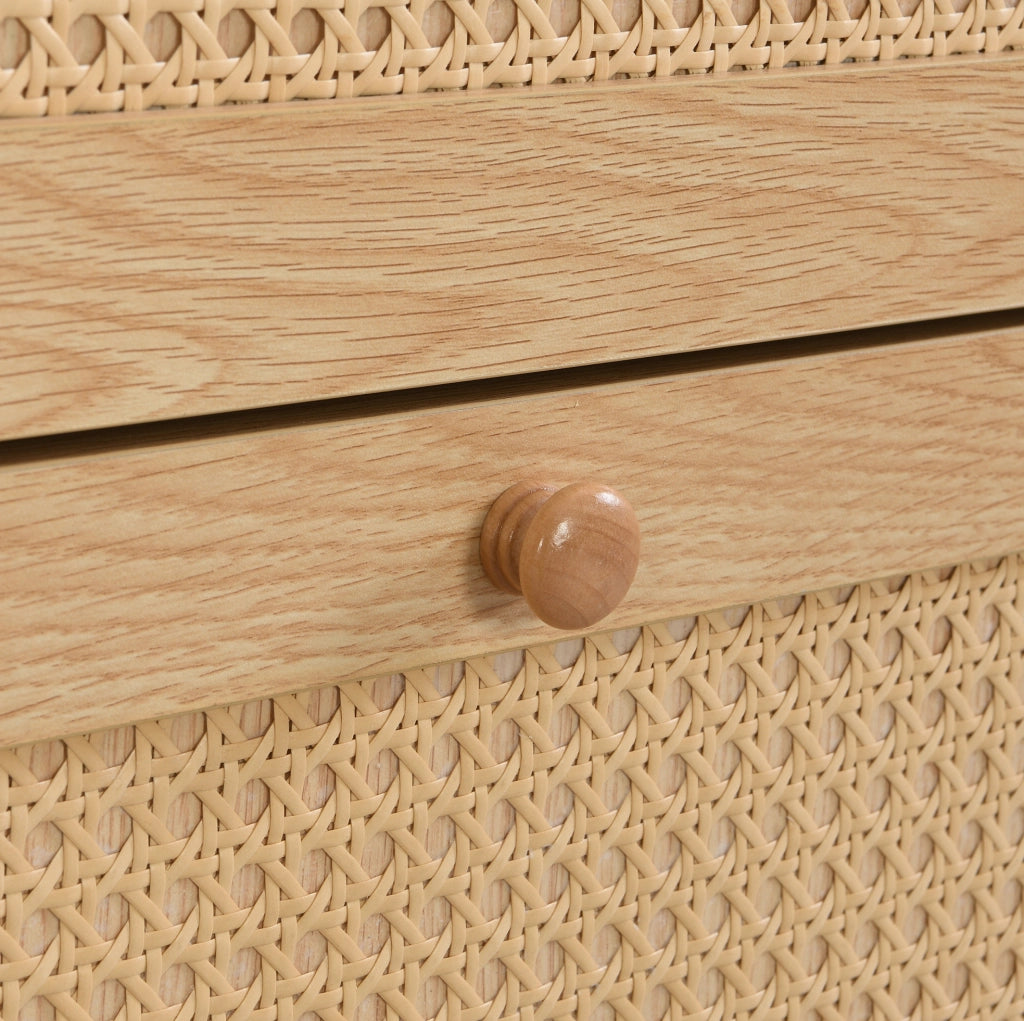 Mobile portascarpe in stile rattan con 3 ante a ribalta e 1 cassetto; 90x125x17 cm; MDF naturale e bianco