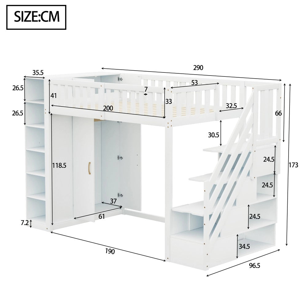 Letto a Soppalco Multifunzione ¨C MINIMAL ¨C Bianco 90x200 con Armadio, Scaffali e Scala