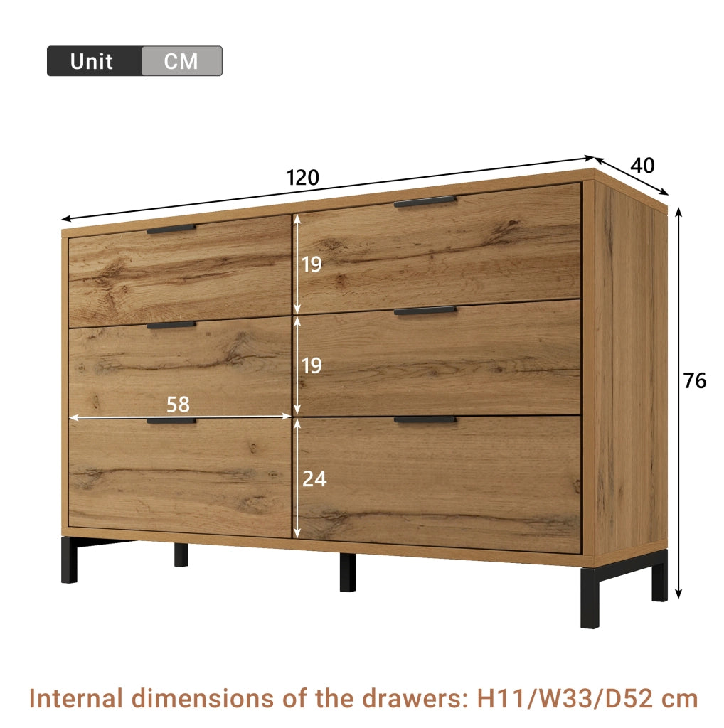 Comò con 6 cassetti 120x40x76 cm in rovere scuro e metallo