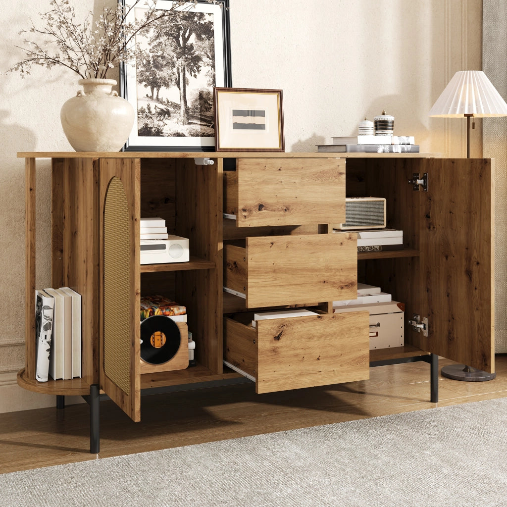 Credenza Ovale con Rattan ¨C Xylo ¨C Ante Scorrevoli, Cassetti, Ripiani, Effetto Legno, Gambe in Metallo