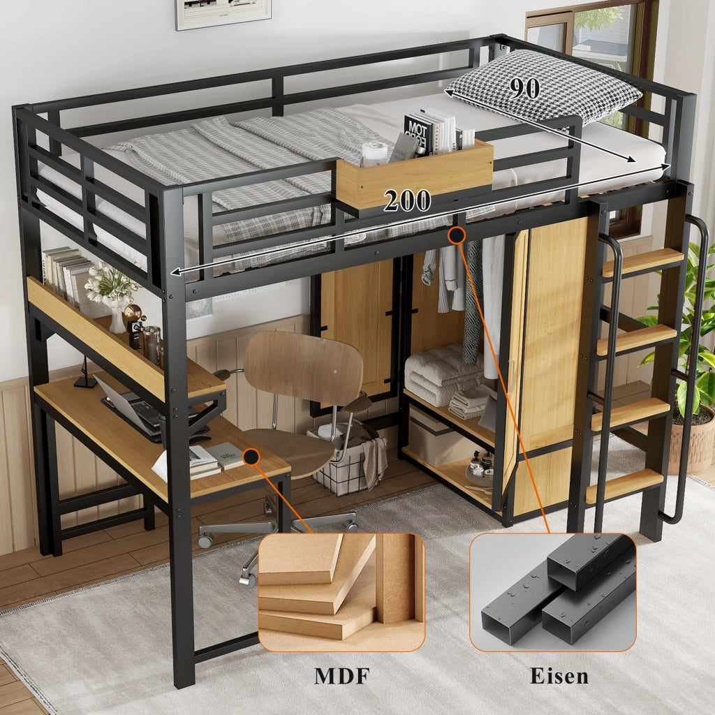 Letto alto ferro armadio doppia porta scala corrimano scrivania nicchie ferro MDF nero naturale 90x200 cm