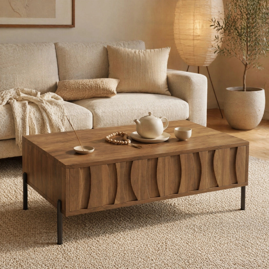 Tavolino da caffè retrò con 2 cassetti; 105x55x41 cm; naturale; in MDF e truciolare