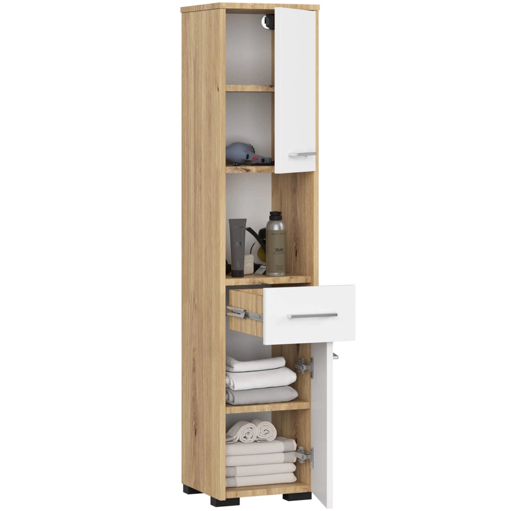 Colonna da bagno AKORD FIN Quercia Artisan 30 cm 2 ante 1 cassetto inserto frontale Bianco 30x30x140 cm