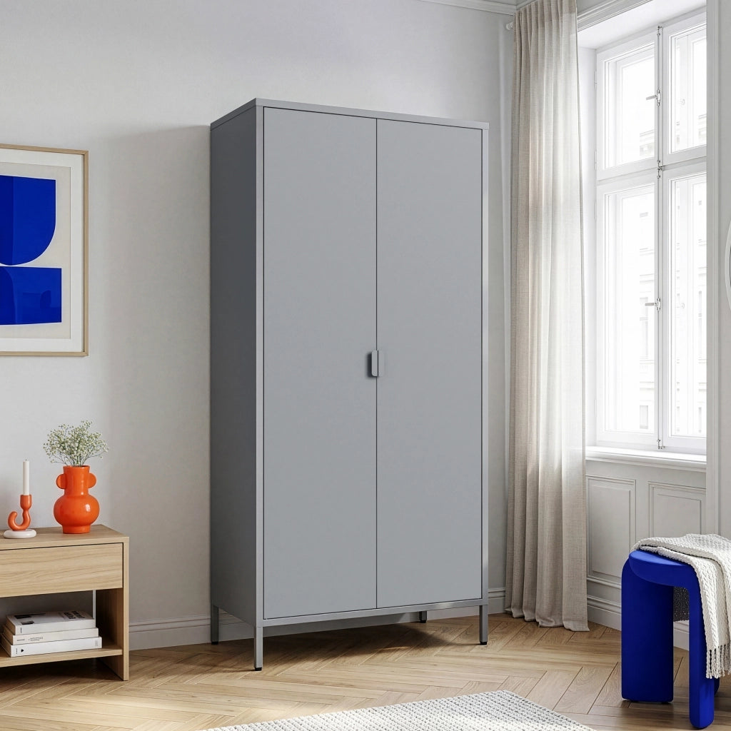 Armadio Guradaroba Esteli in Acciaio a 2 Ante con 2 Barre Appendiabiti e 4 Ripiani 170 x 80 x 45 cm - Grigio [en.casa]