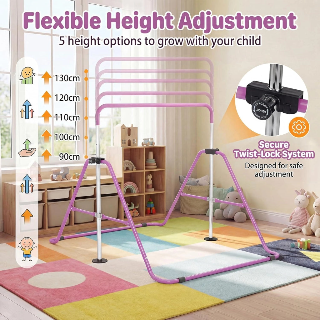 KOMFOTTEU Barra da ginnastica pieghevole per bambini, barra orizzontale con altezza regolabile in 5 livelli da 90 a 130 cm, carico di 70 kg, attrezzatura portatile per allenamento per interni esterni