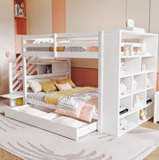 Letto a castello 90x200 cm con scala contenitore; cassetti e armadio laterale; in legno bianco