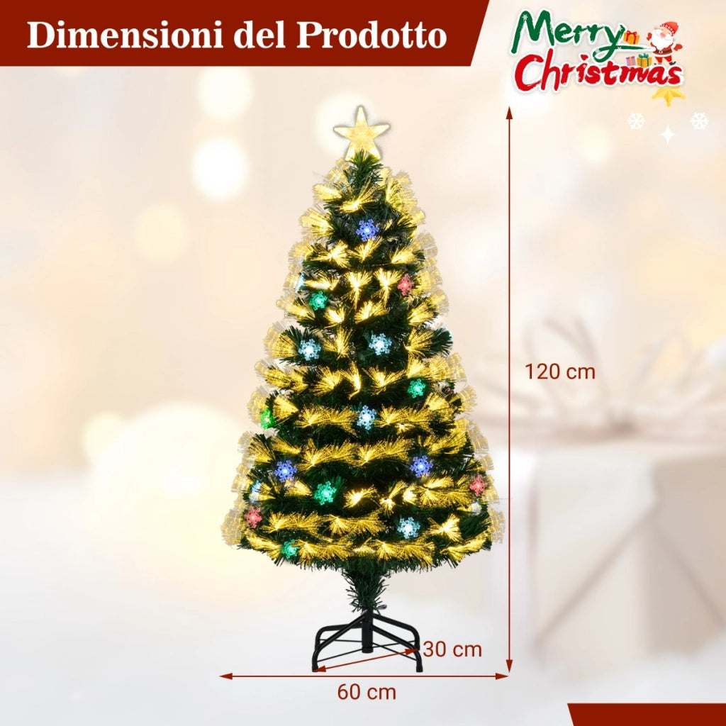 Albero di natale artificiale preilluminato con 8 modalit¨¤ di illuminazione, Albero di natale in fibra ottica con base in metallo pieghevole da 120 cm