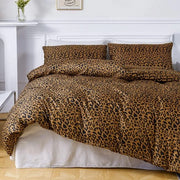Set di coperte letto 3 pezzi 155 x 220 cm con disegno leopardo marrone giallo oro.