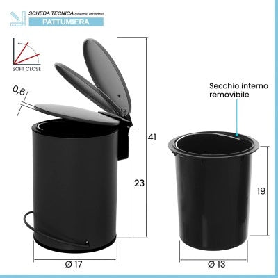 Pattumiera in acciaio 3 litri nero soft-close con secchio estraibile Spring