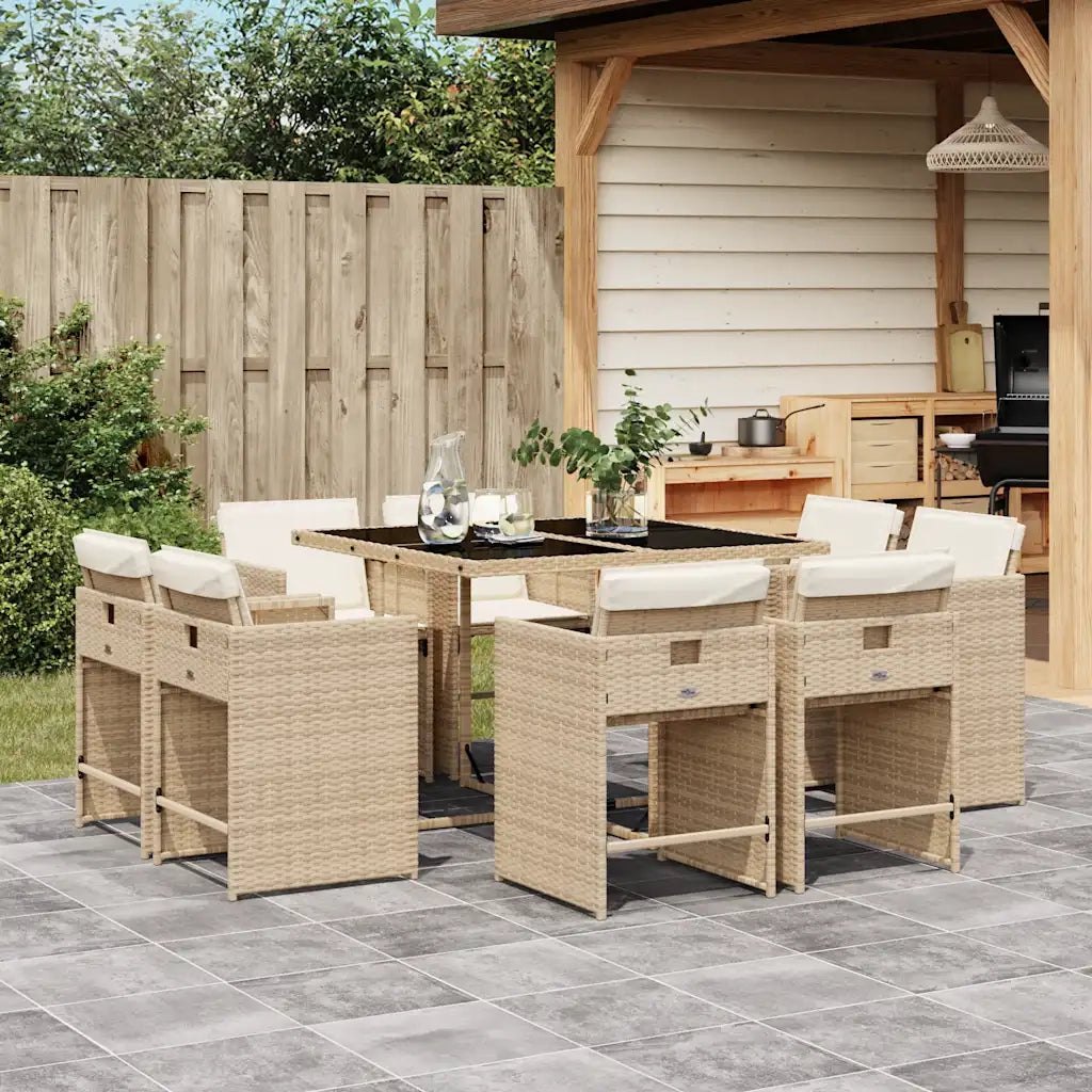 Set da Pranzo da Giardino 9 pz con Cuscini Beige in Polyrattan 3211198