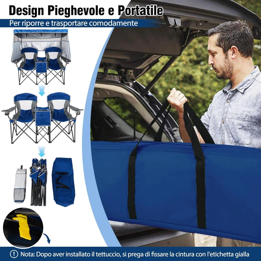 Sedia Spiaggia a Doppio, Sedia da Campeggio con Tettoia Regolabile, Poltrona Loveseat per 2 Persone, con Borsa da Trasporto, Borsa Termica, per Giardino Picnic, Portata 300 kg (Blu)