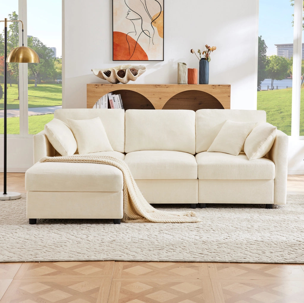 Divano multifunzionale angolare con pouf; 3-4 posti; in ciniglia beige