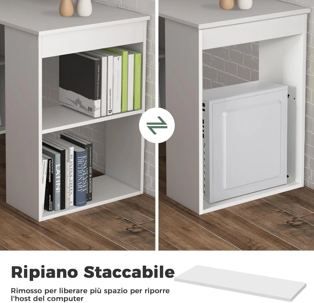 Scrivania per Computer con Libreria, Scrivania Salvaspazio Moderna con 6 Ripiani e Base Ampia, Scrivania Porta PC Moderna per Casa e Ufficio, 122 cm x 51 cm x 122 cm (Bianco)