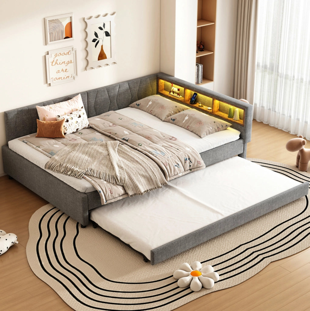 Letto da giorno estraibile 140x200 cm grigio con LED e USB
