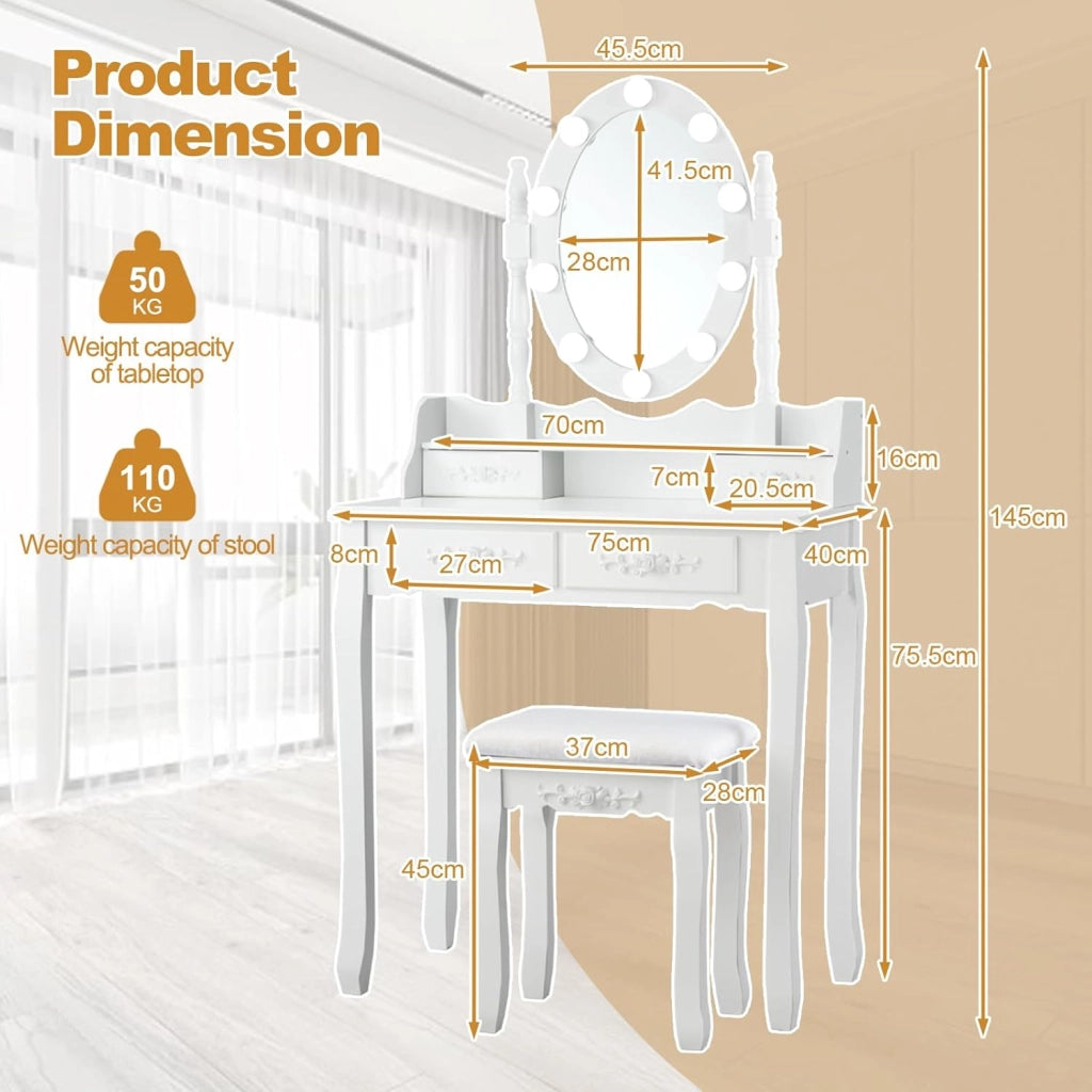 Tavolo da toeletta con specchio, 1 sgabello, specchio girevole a 360° con 10 LED, 3 colori di luce, tavolo da trucco con 4 cassetti, parte superiore mobile, tavolino in legno, bianco