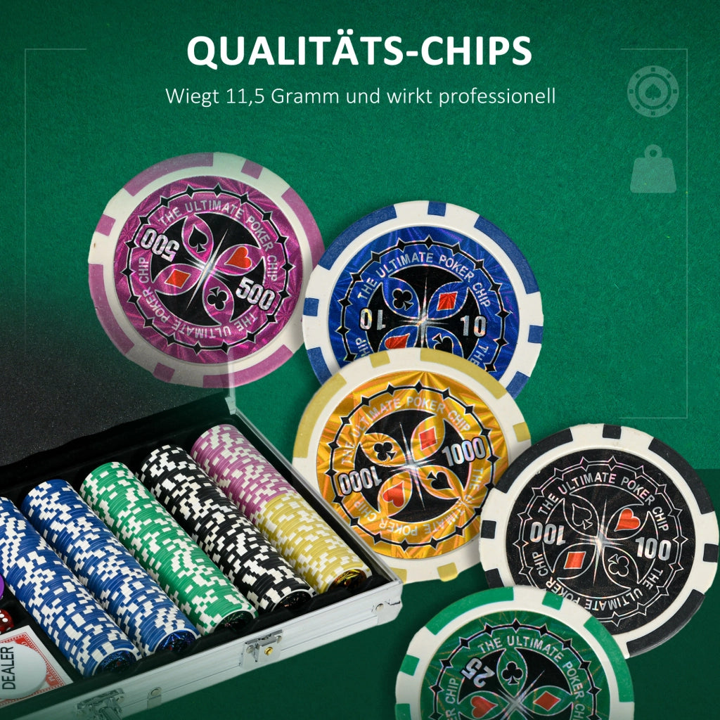 Set Poker Completo con Valigetta Argento 500 Fiches e Tappeto per 9-10 Giocatori Robusto e Portatile