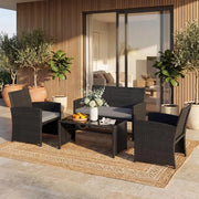 Set Mobili da Giardino in Rattan PE, Divano a 2 Posti e 2 Poltrone con Cuscini Comfort, Tavolino con Piano in Vetro, Arredo da Esterno per 4 Persone per Patio, Balcone, Cortile (Nero+Grigio)