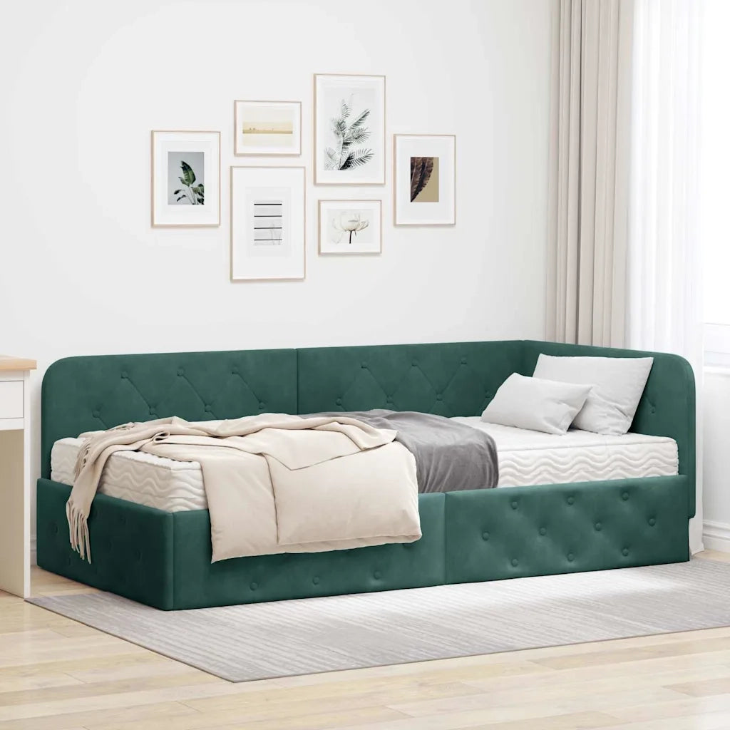 Cornice del letto ad angolo Verde Scuro 90 x 200 cm Velluto