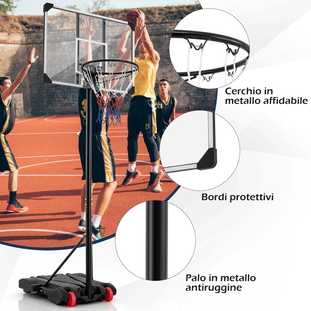 Canestro da Basket Portatile e Regolabile in Altezza 223-253 cm, Canestro da Basket da Esterno ed Interno con Tabellone Antisfondamento, Base Riempibile e Ruote