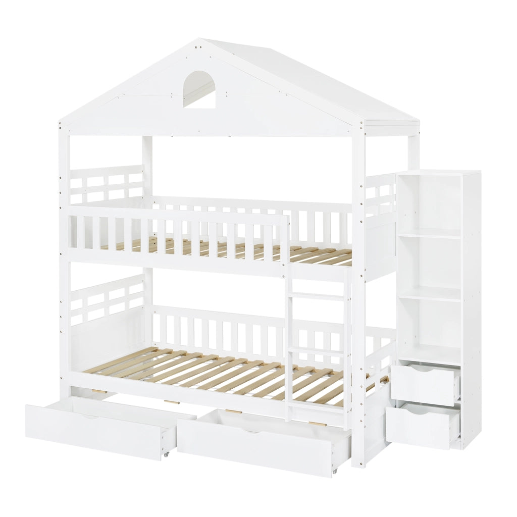Letto a castello a casetta 90x200 cm bianco con scala; cassetti e scaffale