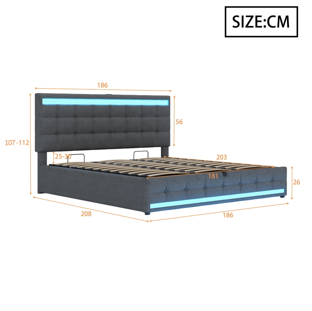 Letto matrimoniale imbottito 180x200 cm con LED RGB; USB e testiera regolabile; grigio