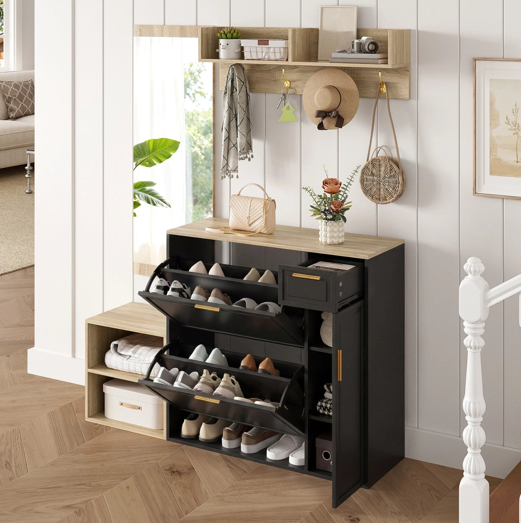 Set ingresso 4 pezzi nero e naturale con scarpiera e specchio
