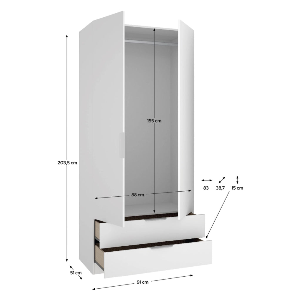 Armadio Camera da Letto Montclare, Guardaroba 2 Ante un Ripiano, 51x204h cm Bianco