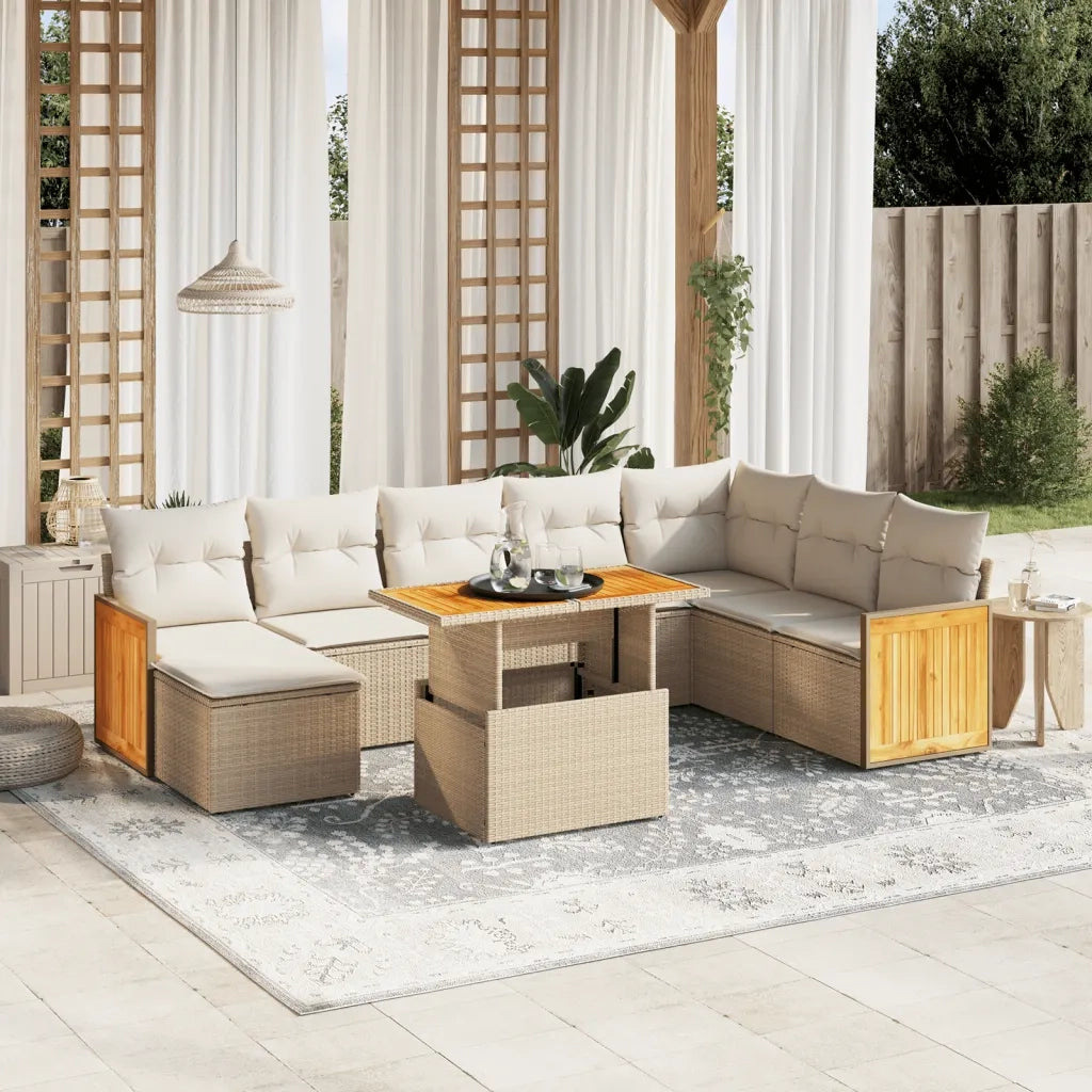 Set Divano da Giardino 9 pz con Cuscini Beige in Polyrattan