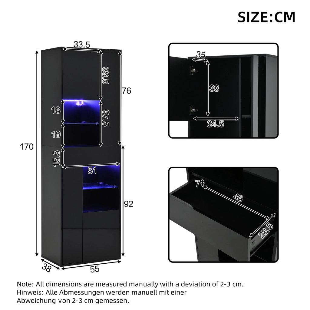 Vetrina con LED 1 cassetto 4 ante 11 vani ripiani regolabili finitura lucida per soggiorno nero 55 × 38 × 170 cm