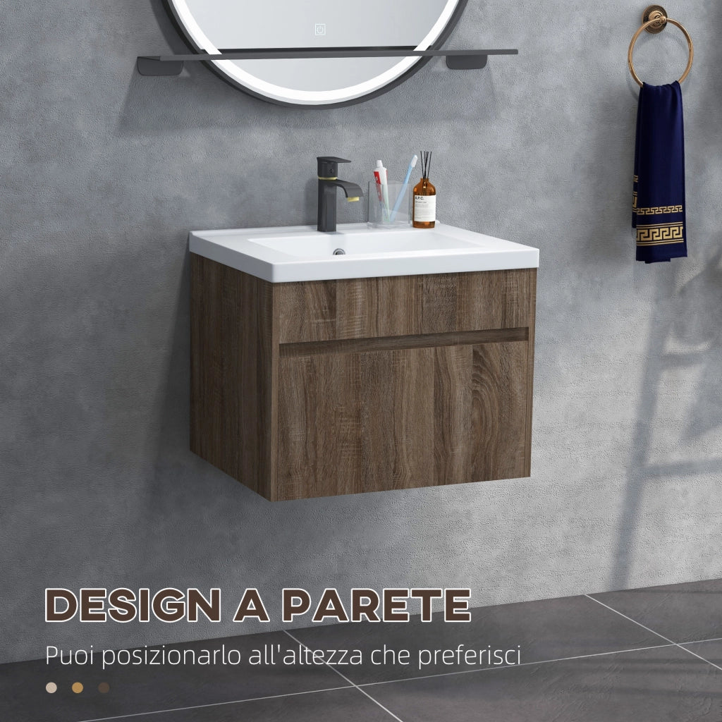 EasyComfort Mobile Lavabo da 60cm con Cassetto in Legno e Lavandino in Ceramica, Marrone Chiaro