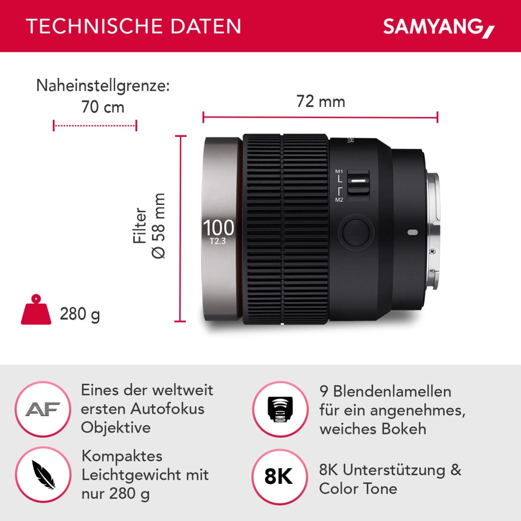Obiettivo video V-AF 100 mm T2,3 FE compatibile con Sony E, per videocamera, con autofocus risoluzione 8K e lampada Tally, alta intensità luminosa per full-frame e APS-C