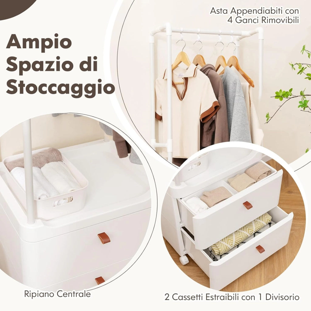 Appendiabiti con 2 Cassetti e Ruote Bloccabili, Stand Appendiabiti con 4 Ganci Rimovibili e Ripiani di Stoccaggio, Per Ingresso Camera da Letto Spogliatoio, 52x40x161 cm (Stile 1)