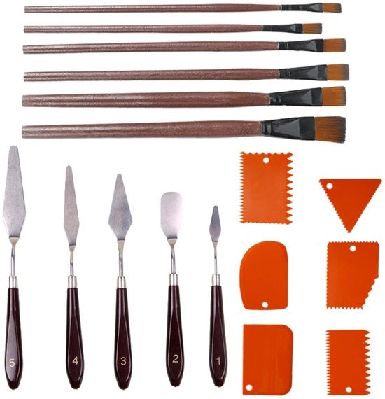 Set di palette per dipinti - 5 palette - 6 palette per colla - 6 pennelli per dipinti - Materiali di alta qualità legno/acciaio inossidabile - Flessibili e resistenti all'usura - Palette per colla
